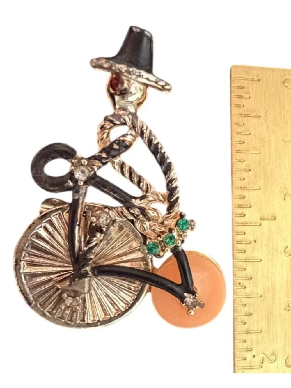Vintage Gold Tone Penny Farthing Bicycle Brooch Pin Celluloid Wheel Rhinestone